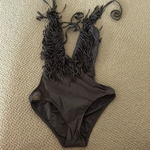 Gray lspace fringe once piece swimsuit